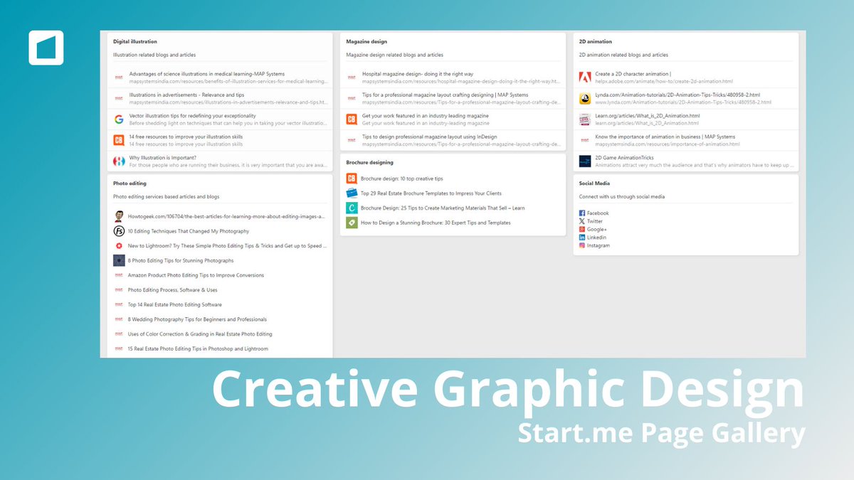 If you're into graphic design, you might enjoy this collection of resources on illustration, magazine design, 2D animation, and photo editing. We hope it inspires your creativity! 🎨 #GraphicDesign #CreativeArts start.me/p/wMMXyX/creat…