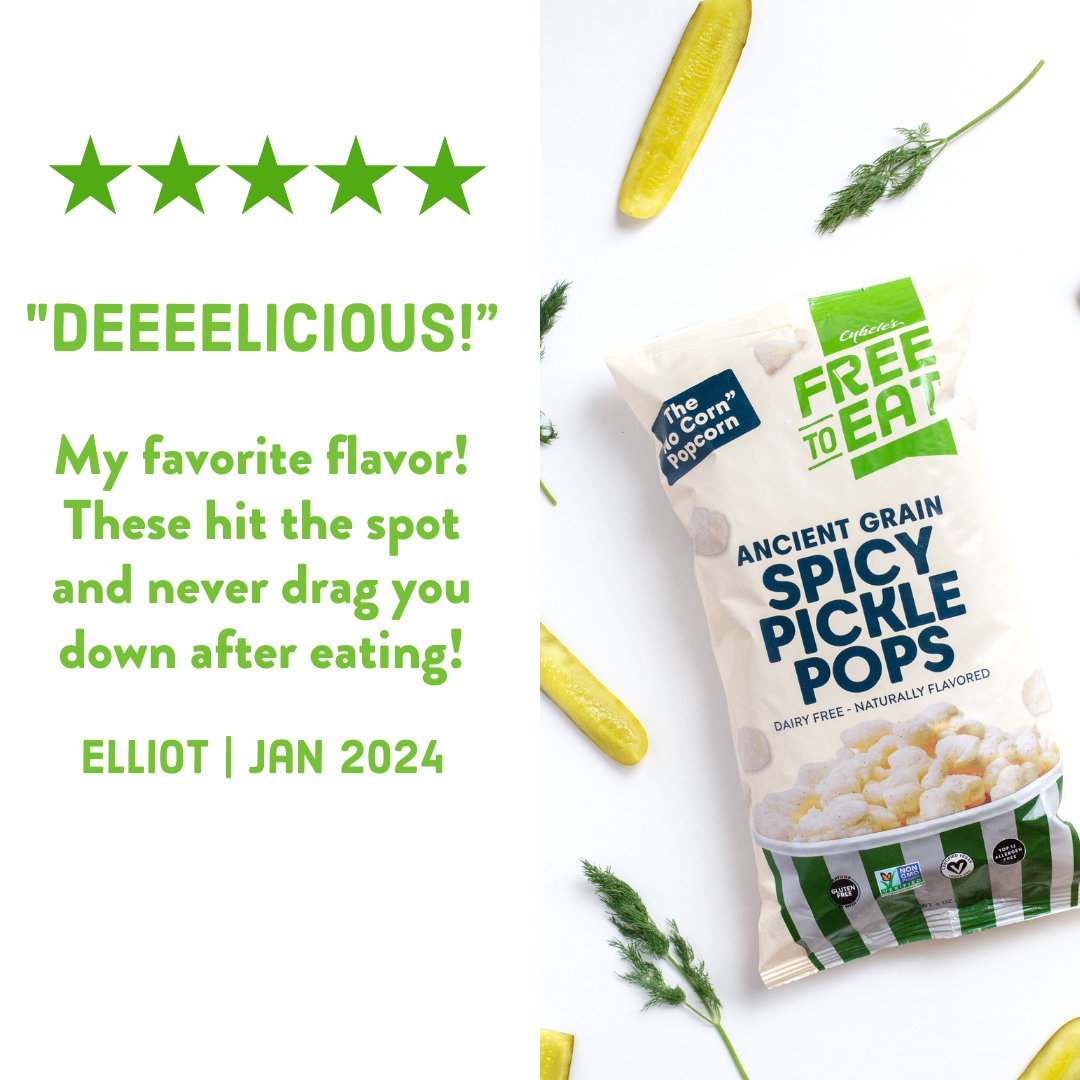Tangy and fiery flavors with wholesome, clean, and allergy-friendly ingredients - it's no wonder our Spicy Pickle Pops are a hit! 🌶️🥒

#CybelesFreetoEat #AncientGrainPops #CornFree #AllergyFriendly