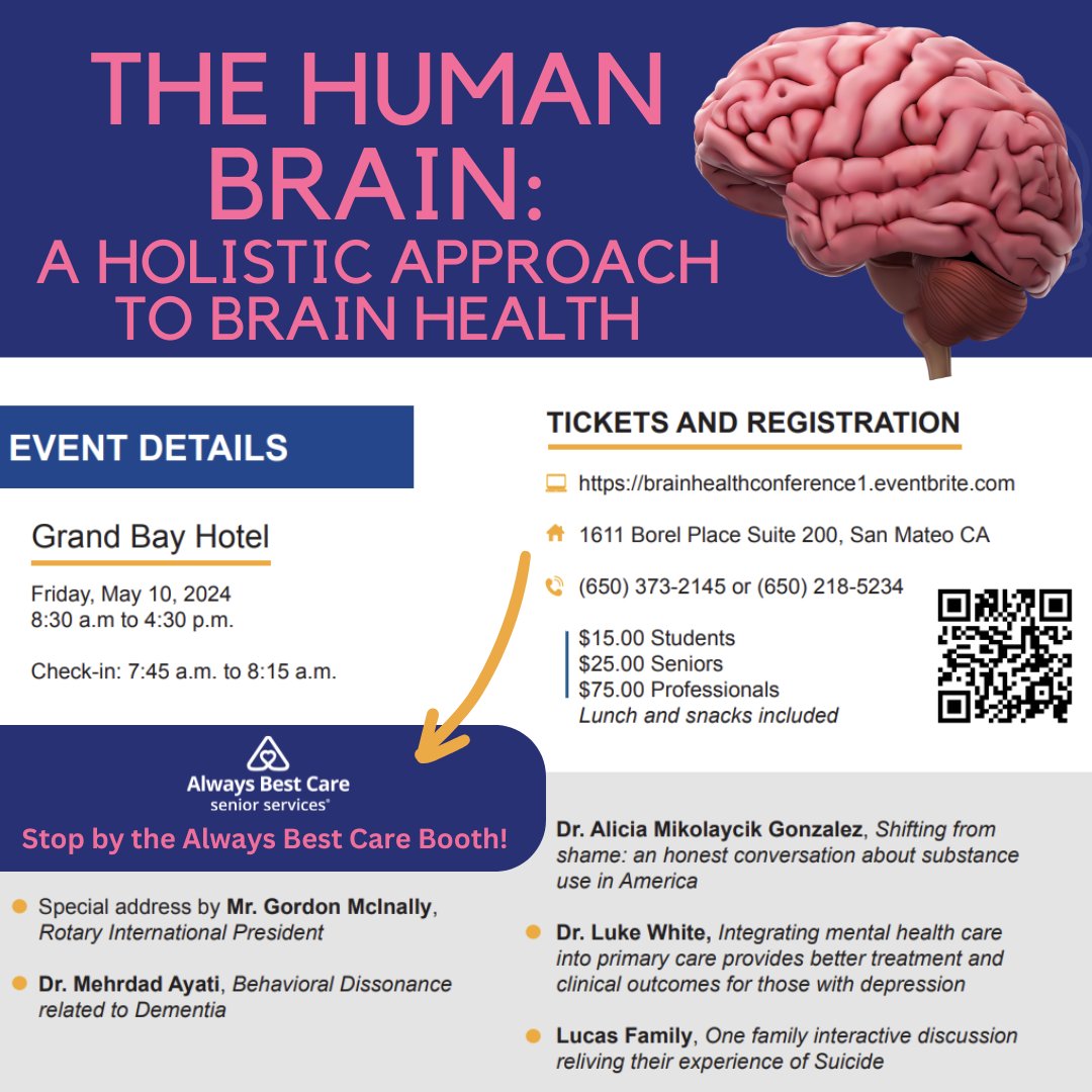 Stop by our booth and schedule a care consultation! 

May 10th The Grand Bay Hotel
223 Twin Dolphin Drive
Redwood City, CA 94065

#BrainHealth #Holistic #HumanBrain #Conference #Educational #AlwaysBestCare #RedwoodCity #AlwaysBestCare #SeniorCare #SeniorServices #SanMateo