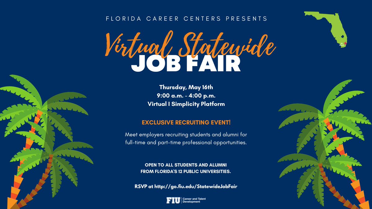 Ready to jump-start your job search? Florida Career Centers is inviting you to their Virtual Statewide Career Fair that is returning on May 16th, 2024. RSVP via go.fiu.edu/statewidejobfa… today! #FIUCareer #HireFIU #FIU #fiu24 #fiu25 #fiu26 #fiu27 #fiualumni