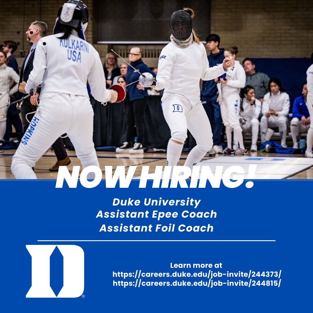 Duke fencing is hiring assistant coaches in epee AND foil! Apply here for epee → careers.duke.edu/job-invite/244… Apply here for foil → careers.duke.edu/job-invite/244…