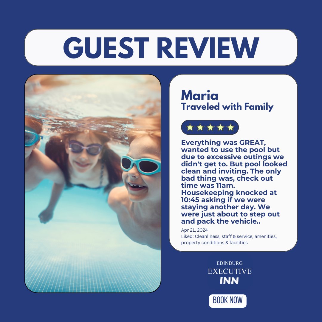 🌟 Thank you, Maria, for the excellent review! We're thrilled you enjoyed your stay at #ExecutiveInnEdinburg. Apologies for the early knock— we're on it for next time! Hope to see you back soon, maybe for some pool time! 🏊‍♂️✨ #GuestReview #HappyGuest #SatisfiedGuest #GuestLove