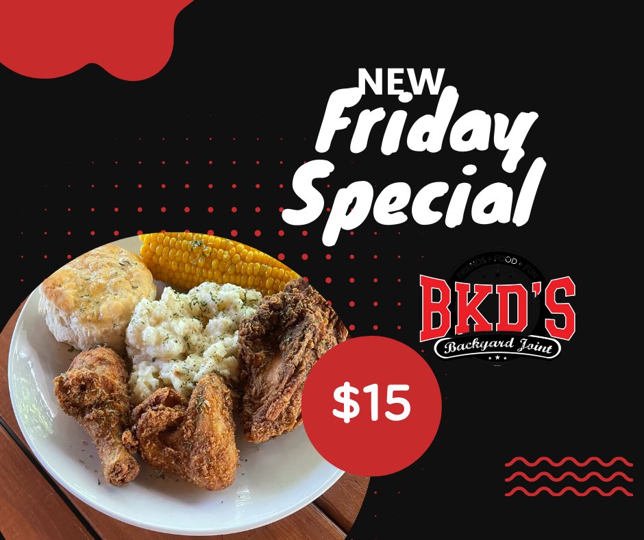 🚨 NEW SPECIAL 🚨 
Every Friday we will be serving you Fried Chicken! Your choice of white or dark meat with homemade mashed potatoes, corn on the cob, and a biscuit for $15!

#BKDsChandler #chandler #gilbert #friedchicken #fridayspecial