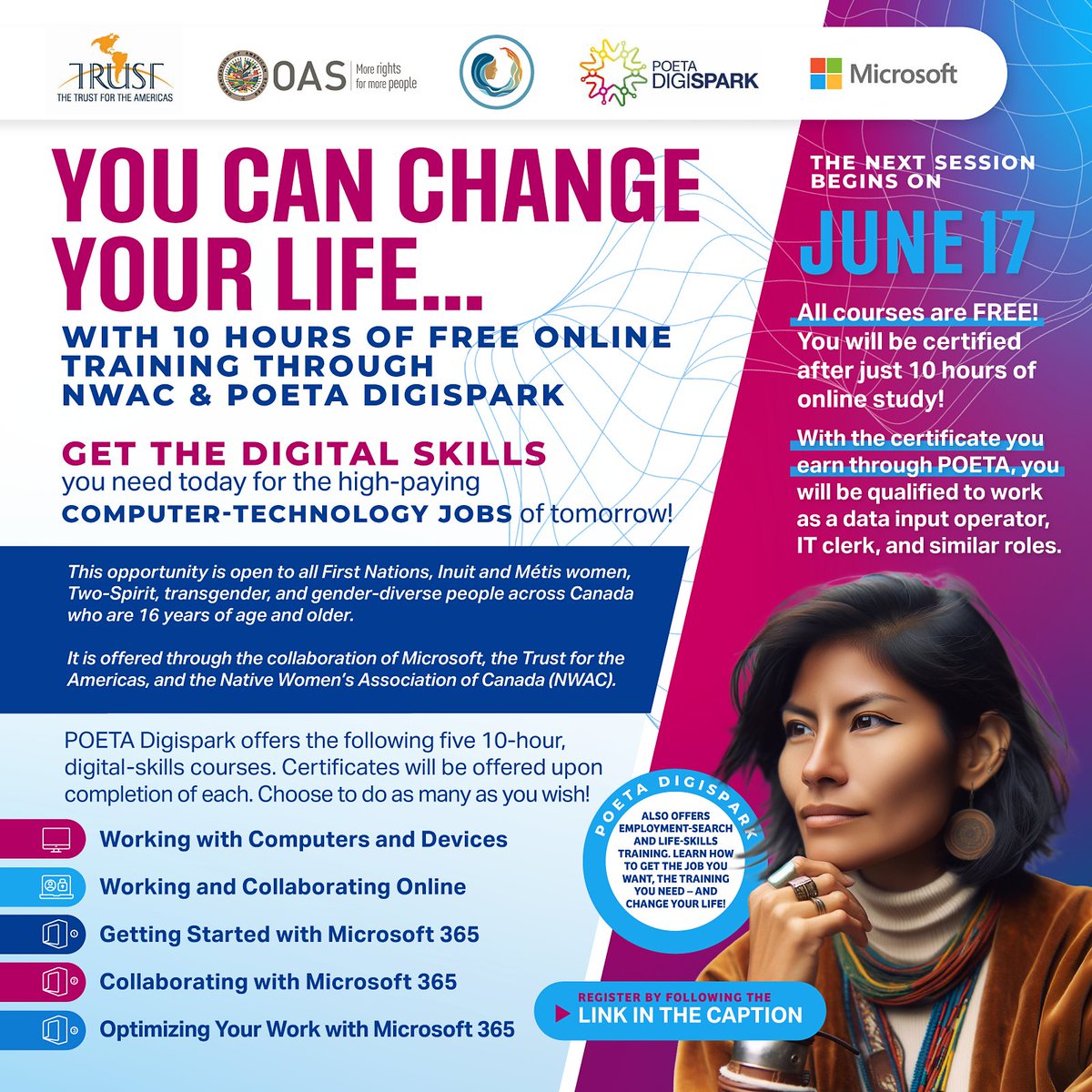 Do you know someone looking for a new job as an IT clerk, data input operator, or a similar role? Indigenous women and gender-diverse people can access 10 hours of FREE online digital skills training! Encourage them to sign up: bit.ly/44Ci4pH