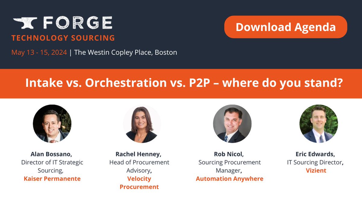 Orchestration. Intake. P2P. What is the consensus on value, efficiencies, delivery and outcomes? 

Join <a href="/VizientInc/">Vizient, Inc.</a>, <a href="/aboutKP/">Kaiser Permanente</a>, <a href="/VelocityProcure/">Velocity Procurement</a>, and <a href="/AutomationAnywh/">Automation Anywhere</a> at our highly anticipated session.

Last chance to apply: hubs.li/Q02wNSlB0

#ForgeTech24