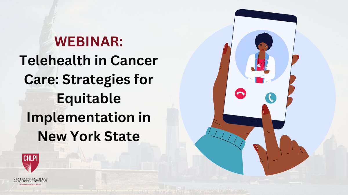 #WebinarAlert!!
Telehealth in Cancer Care: Strategies for Equitable Implementation in New York State
 May 14 @ 11 a.m.

Join @HarvardCHLPI for a review of key findings from our Telehealth in Cancer Care research, with reps of @HealthNYGov and @mskihcd.

ow.ly/bHjw50RlwTB