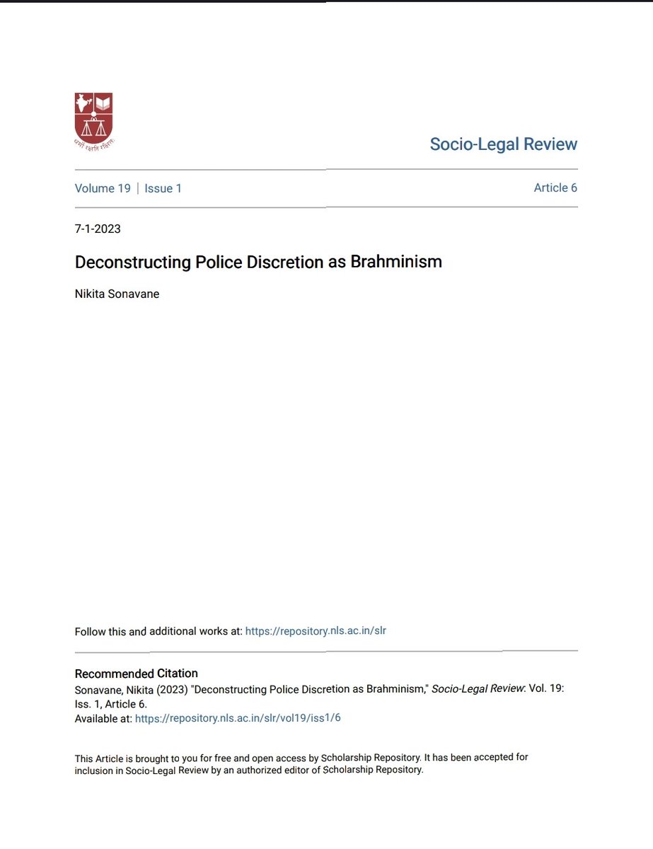 Published this paper on 'Deconstructing Police Discretion as Brahminism' for @SLR_NLSIU 'This article will veer away from the dominant discourse on policing and criminalisation, which only tangentially engages with caste and casteist criminalisation.' repository.nls.ac.in/slr/all_issues…