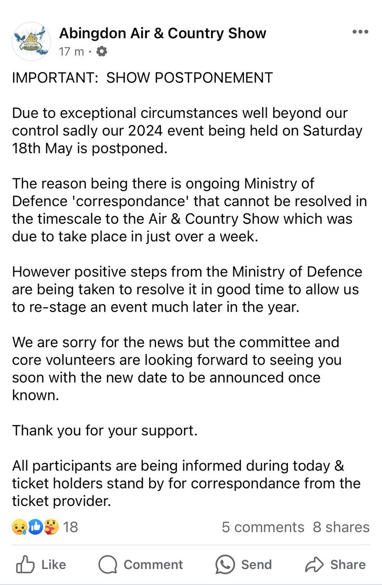 Announcement regarding the postponement of @AbingdonFayre