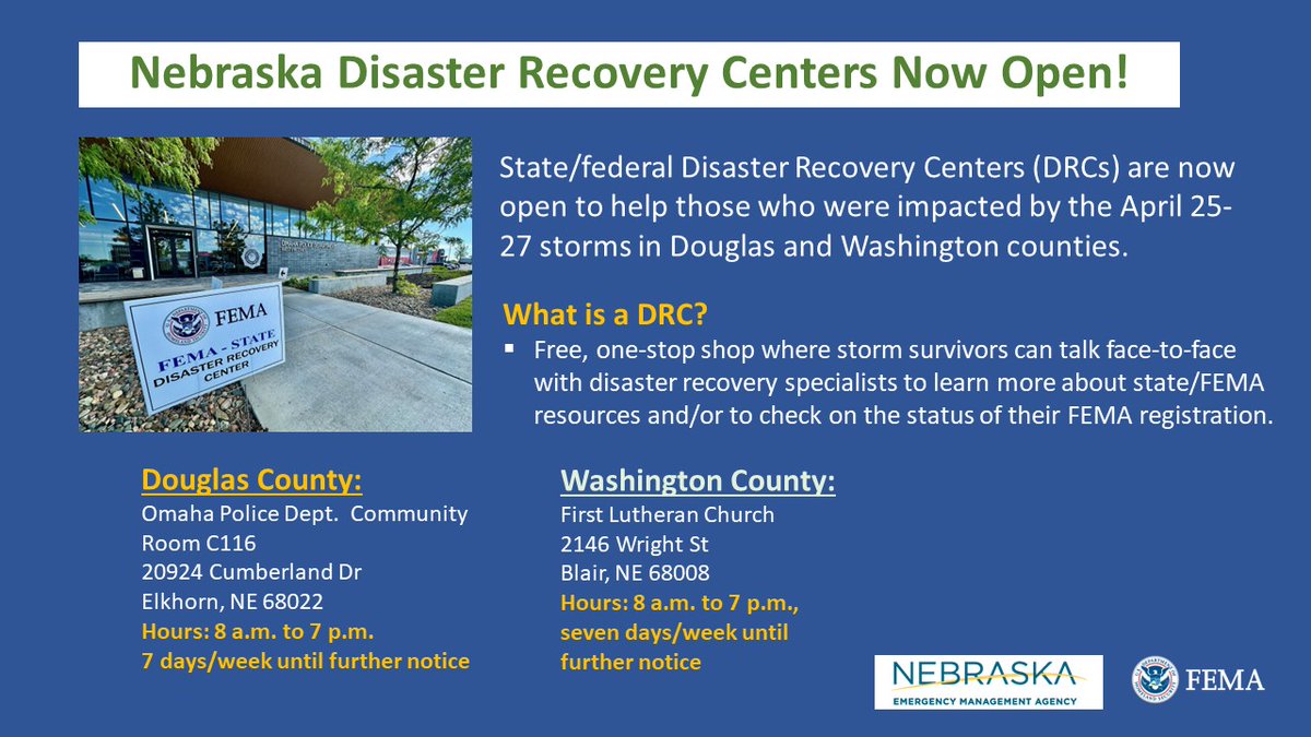 📣Today, we're opening temporary Disaster Recovery Centers so storm survivors in Douglas & Washington counties can talk face-to-face with recovery specialists about FEMA assistance. Details below: ⬇️ #newx #nebraska #tornado