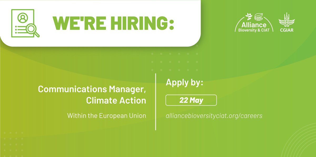 📢#Vacancy I We are seeking a Communications Manager who will set the strategic direction and global engagement of the climate action projects 🎯Based within the EU ✅Apply by 22 May Details👉 alliancebioversityciat.org/careers?utm_ca…