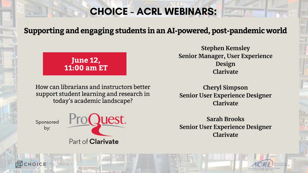 Register for the free 6/12 #Choice-ACRLWebinar Join us as #userexperience experts from @proquest explore the profound changes & emerging trends within the #academic landscape post-pandemic & explain how these shifts have redefined learning and research ow.ly/pYw750Rzrnp #UX