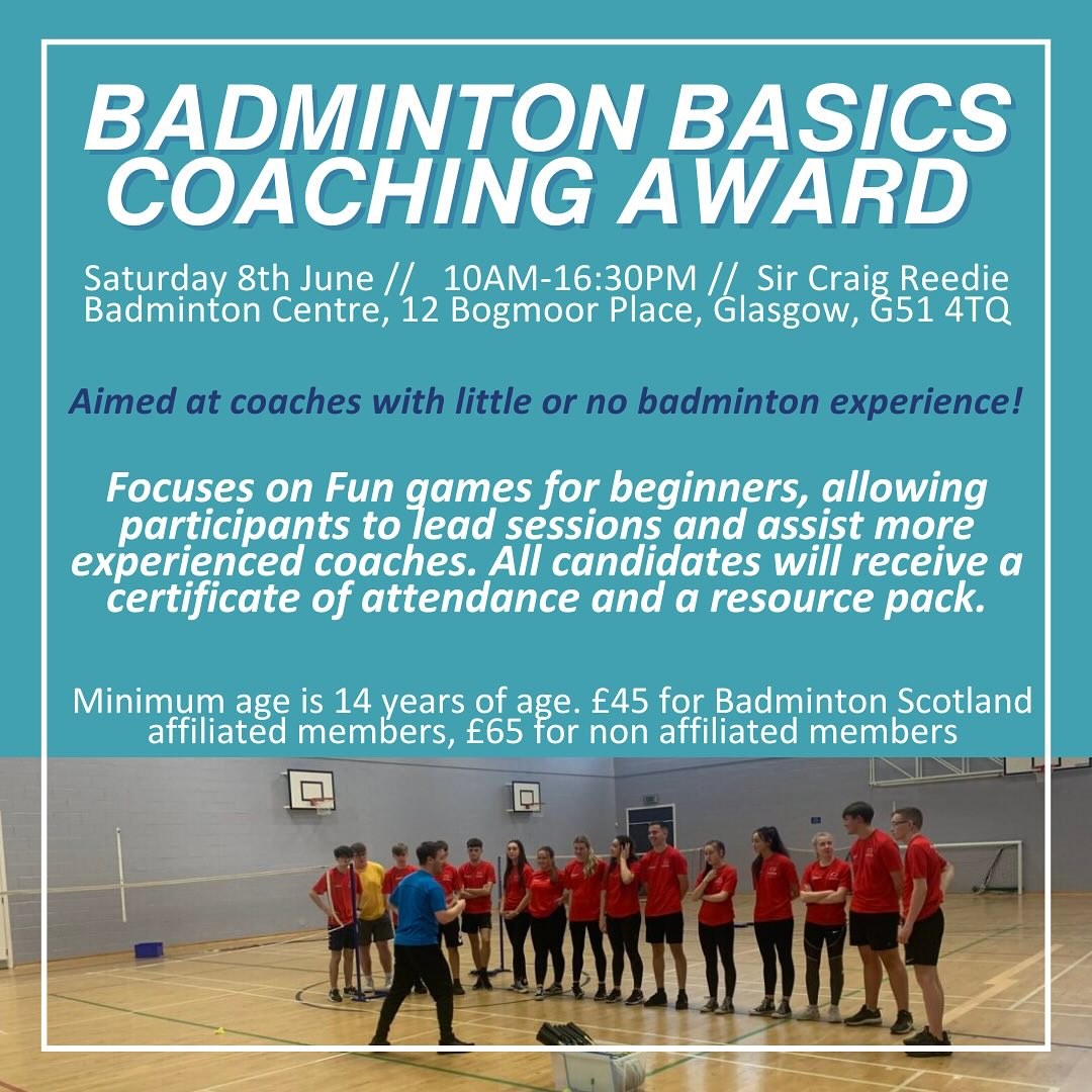 COACHING | Looking to get into coaching and start your coaching journey? 🏸🤔

📲Sign up now to the next Badminton Basics Coaching Award - email lynn@badmintonscotland.org.uk

#badmintonscotland #scottishbadminton #coaching #basics #coacheducation