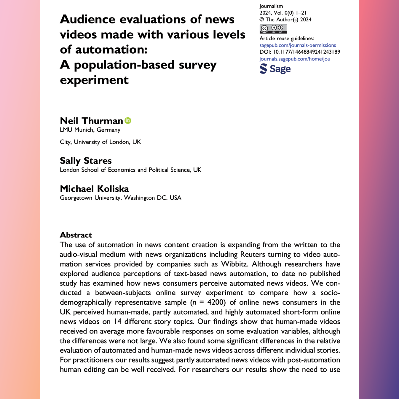 neilthurman's tweet photo. A big thanks to @peteclifton &amp; @JPickover for letting us include 14 of @PA's human-made news videos in our study on audience evaluations of news videos made with various levels of automation (including none!) More in our new publication:

https://t.co/adOOywHG59

#OpenAccess https://t.co/LIBQuIc3At