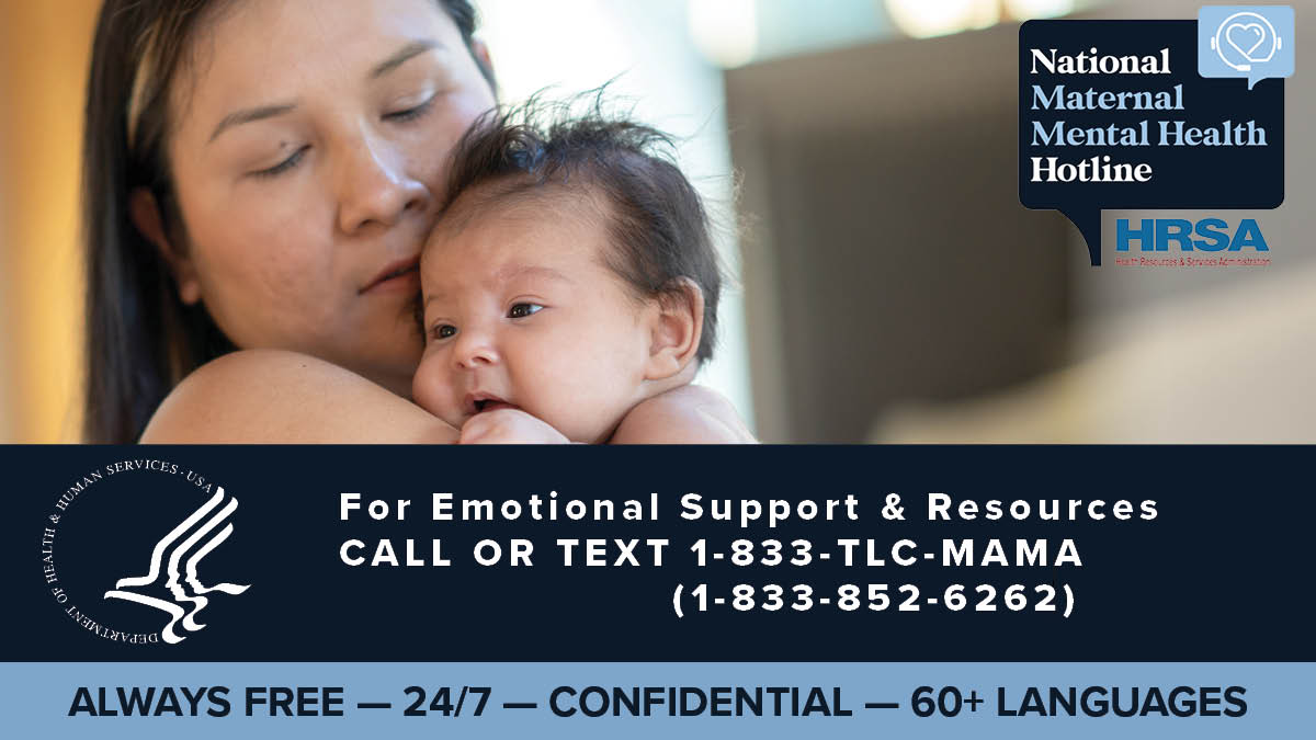 Becoming a new parent can be hard. It is normal to feel depressed, anxious, & overwhelmed after having a baby. If you need someone to talk to, call or text the National Maternal Mental Health Hotline at 1-833-TLC-MAMA. It's free & confidential. #MaternalMentalHealth