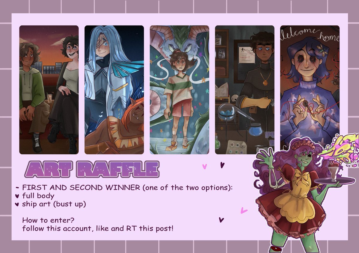 ✨ART RAFFLE
✨HI! since i'm trying to grow on tt as an artist i thought about doing an art raffle!
✨There will be two winner, both with the same choices for the prize
✨All you have to do is follow, like and RT this post
✨END: May 20th 
Good luck! ^^