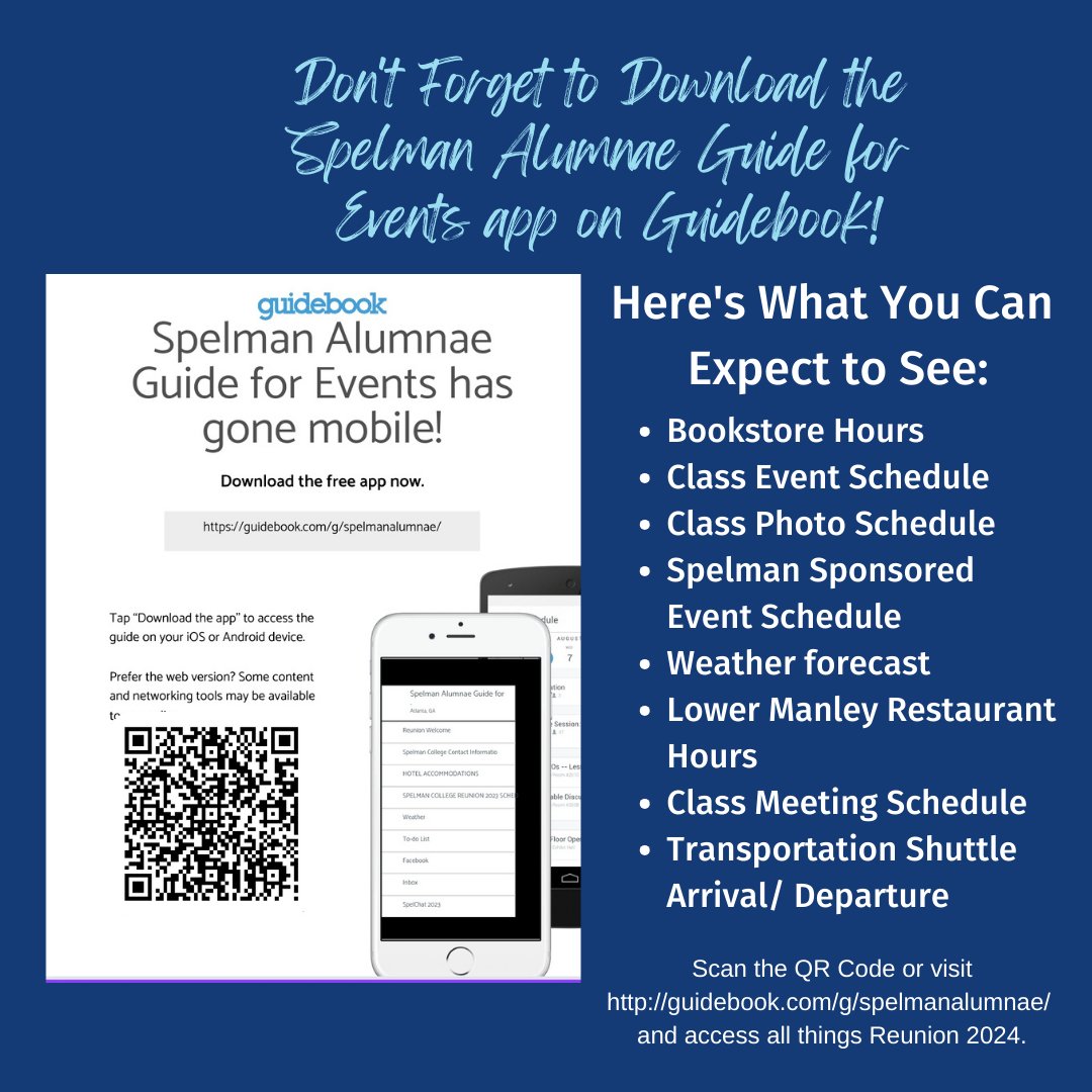 Reunion is almost here! Don't forget to download the Spelman Alumnae Guide for Events on the Guidebook app. Visit guidebook.com/g/spelmanalumn… and check out a list of your class activities as well as Spelman Sponsored events. Happy Reunion #SpelmanCollege #IgniteTheSpiritOfLegacy