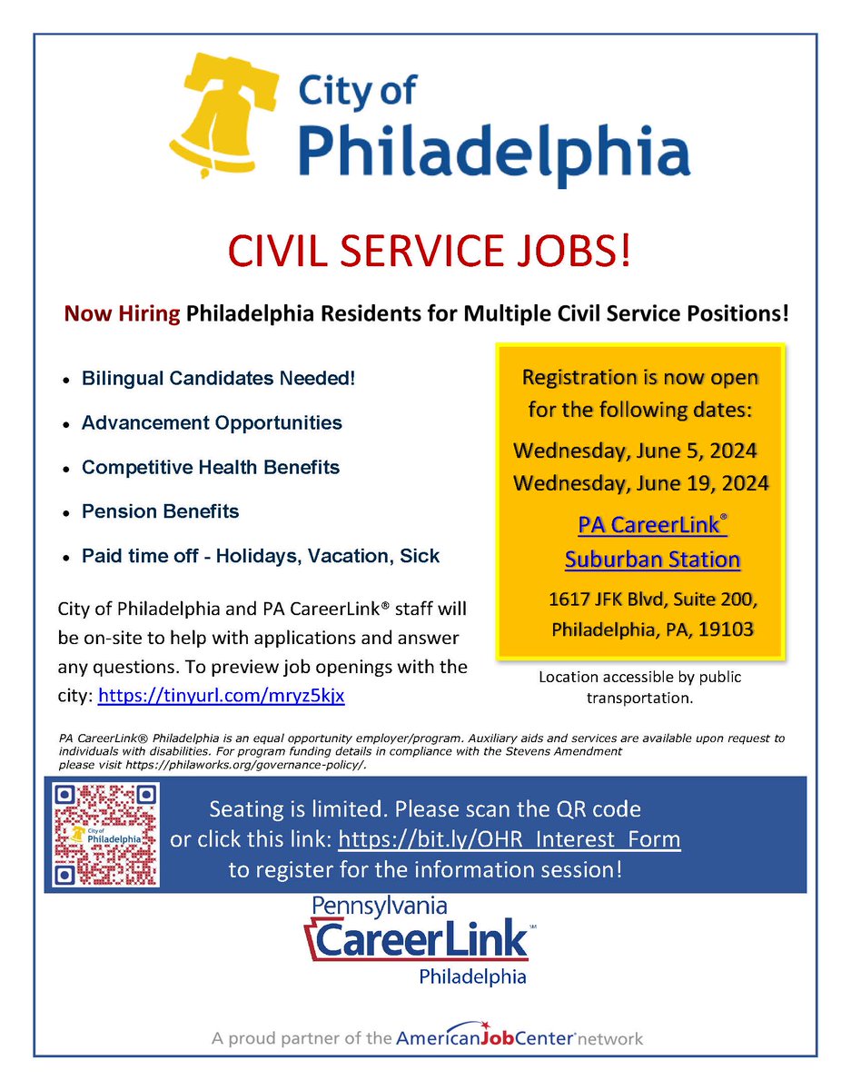 Follow the link to register: bit.ly/OHR_Interest_F…. The @PhiladelphiaGov is hiring for civil service jobs! Please join us on 6/5 and 6/19 at Suburban Station @PACareerLinkPHL at 1617 JFK Blvd, Suite 200. #CivilServiceJobs #JobSeeker #NowHiring #Training #Support #Resume