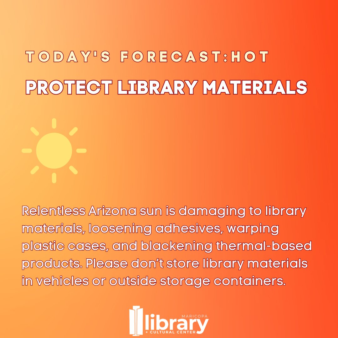 #MLCC needs your help to keep the collection in good working order during our hot, hot summers. Keep your children, pets, and library materials out of damaging hot car incidents! #summersafe #cityofmaricopa #azlibraryproblems