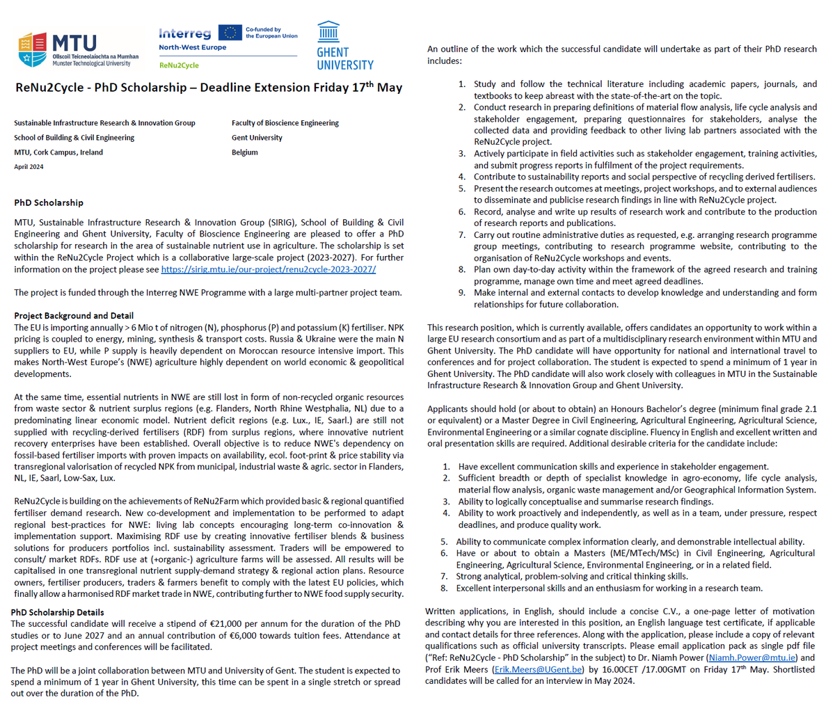 NiamhPower18's tweet photo. Extension for submission of applications until Friday 17th May. We @sirig_MTU @MTU_CivilEng are pleased to announce a joint PhD between @MTU_ie &amp; @ResearchUGent as part of our #ReNu2Cycle @INTERREG_NWE project.  See full details below 👇 @Erik_Meers https://t.co/1cKsbgSovt