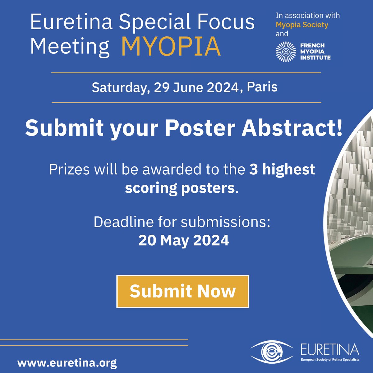 🚀 Calling all researchers! Submit your poster abstracts for our Special Focus Meeting on Myopia by 20 May. Showcase your innovative work in Paris! 📌 Submit Here: ow.ly/4l2t50RB6UN #MyopiaFocus2024 #EURETINA