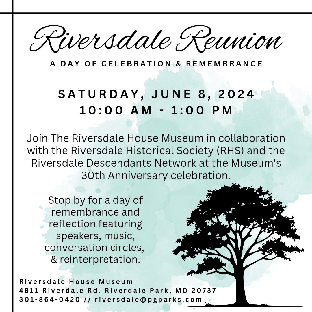We're celebrating the 30th Anniversary of the Riversdale House Museum - join us for the reunion!

Call or email museum staff (contact info in image) for more info. See you there!

#reunion #familyreunion #historichouse #housemuseum #descendantcommunities