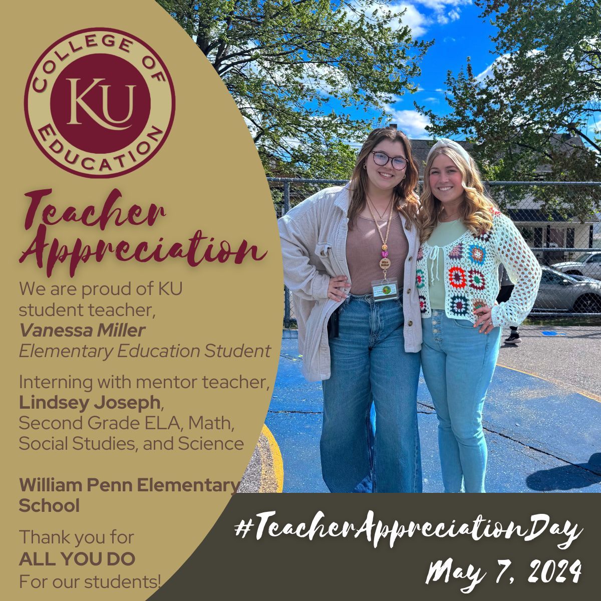 We are proud of KU Vanessa Miller, who is #StudentTeaching with Lindsey Joseph at William Penn Elementary School in @bethlehemareasd. Thank you for all you do for our students!
@KutztownU @KutztownAlumni  #NAESP #TeacherAppreciation #EducationAtKU #KUCOE