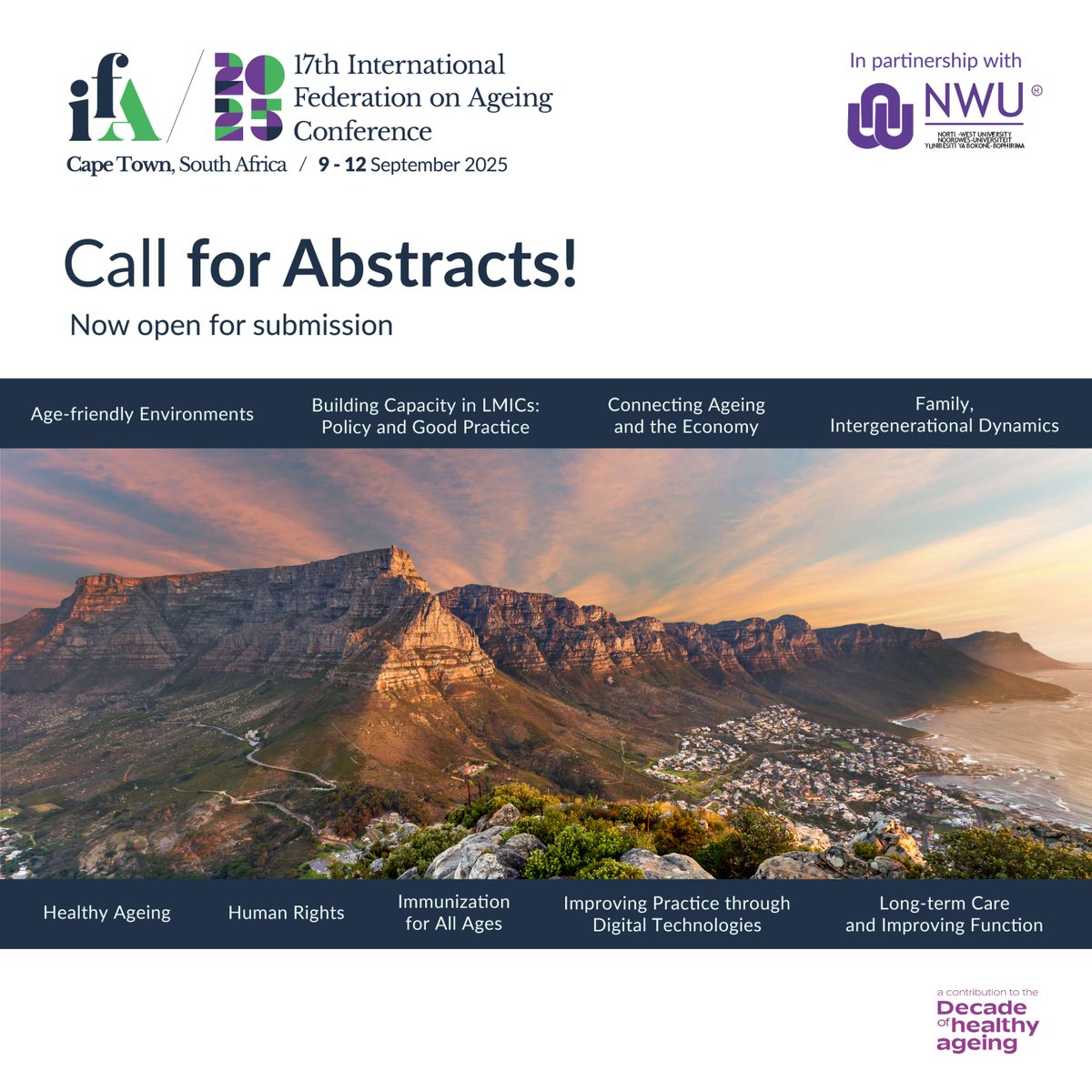 Dive into the diverse topics shaping the future of ageing at the #IFACONF2025! 
Don't miss your chance to be part of something greater - submit your abstracts today and secure your spot! 
Visit ifaconf.ngo to know more

#AgeingConference #CallforAbstracts