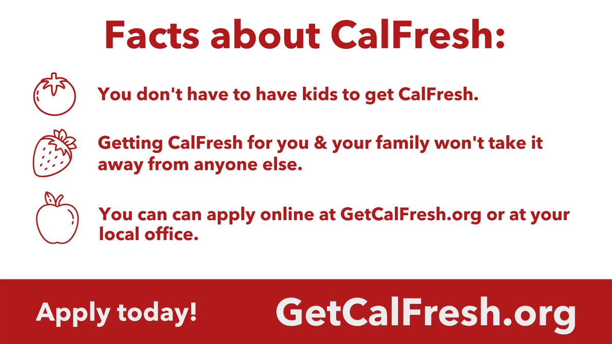 Facts about #SNAP / #CalFresh eligibility: 🌶️ You don’t have to have children to get CalFresh. 🥕 Getting CalFresh for you & your family won't take it away from anyone else. 🥑 You can can apply online at getcalfresh.org or at your local office