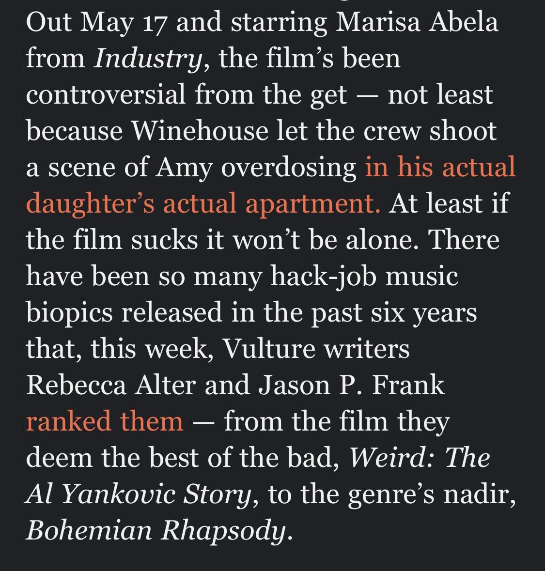 this week in THE CRITICS, i talked to @ralter @jasonspank about music biopics — including the amy winehouse one that comes out next week. they bravely ranked the worst of the worst for @vulture! vulture.com/article/bad-mu…