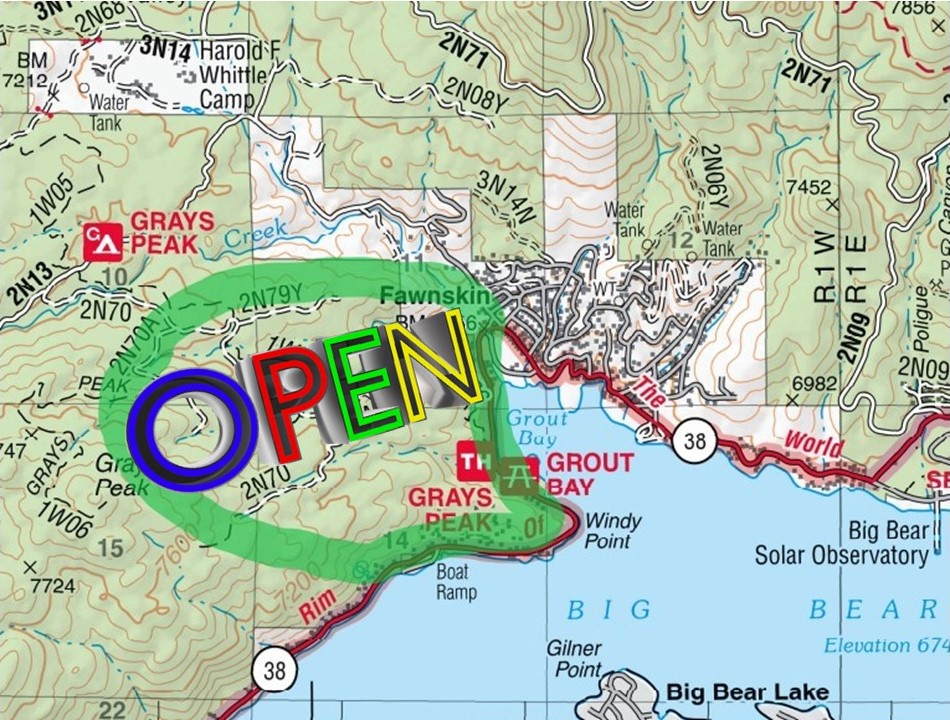 May 10: Gray’s Peak Area Closure terminated. The area previously closed is open, including Gray’s Peak Trail, Gray's Peak Trailhead, Grout Bay Day Use Area, Yellow Post Site #1. Order is enacted when Bald eagles are nesting in an area northwest of Big Bear Lake. #SBNF