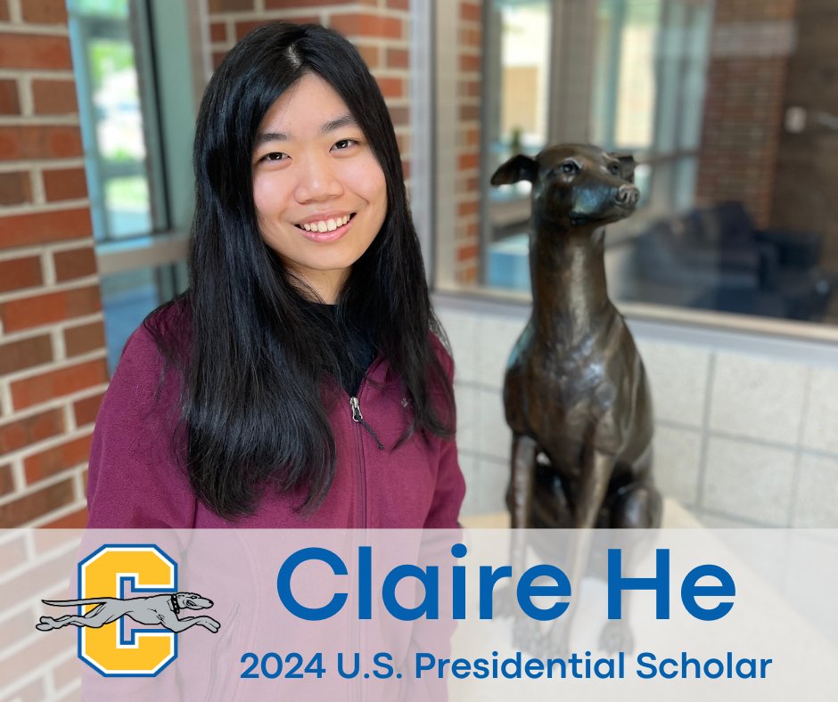 Senior Claire He joins the prestigious ranks of the 2024 U.S. Presidential Scholars! Recognized for her outstanding academic achievements & leadership, she's one of only two scholars chosen from Indiana. CHS celebrates its ninth scholar since 2010. Congratulations, Claire! #MyCCS