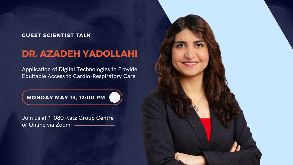 🥪 ✨ Join us Monday May 13th, at 12:00 PM in room 1-080 in the Katz Group Centre or online via Zoom for an enlightening talk by guest speaker Dr. Azadeh Yadollahi.

Zoom Link 👉  lnkd.in/gZ8h74QE

#HealthTech #EquitableAccess #RespiratoryCare