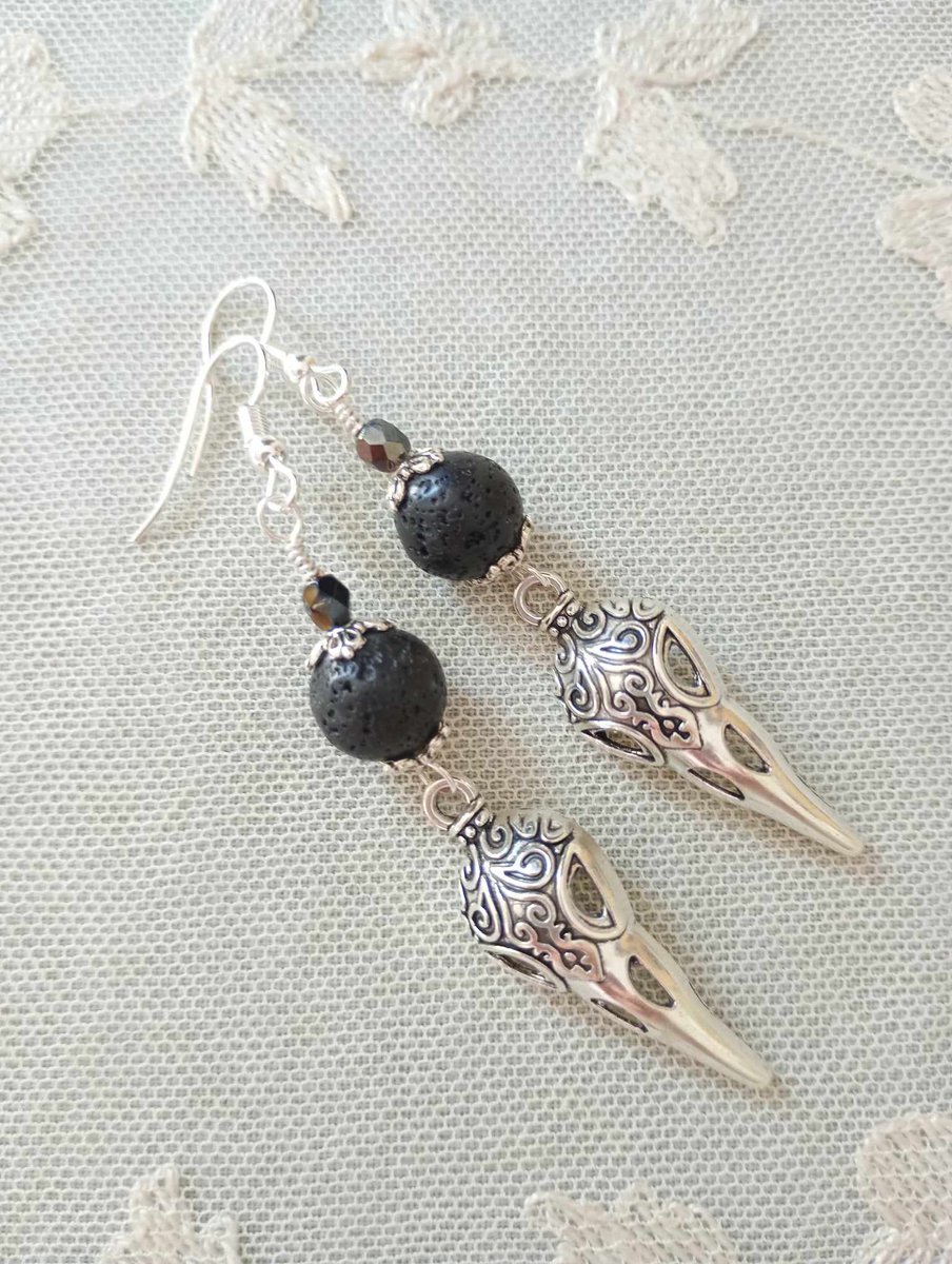 On my Website🖤#MHHSBD USE CODE LV43HBD10 FOR 10% OFF 🖤 Gothic Inspired Earrings with Black Lava & Czech Glass Beads and Raven Skull Charm Dangle in Antique Silver, Also in Clip On 🖤 #UKMakers #CraftBizParty #SmallBusinesses #shopsmall #gothic lovesvintage43.com/product/gothic…