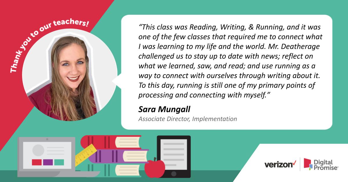Associate Director of Implementation Sara Mungall still uses what she learned in Mr. Deatherage's Reading, Writing, and Running class to this day! #TeacherAppreciationWeek #ThankATeacher #dpvils