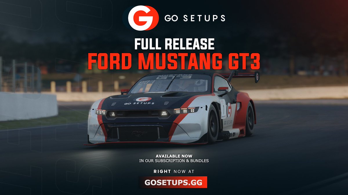 We are pleased to announce a full release of the Ford Mustang GT3‼️ Since its debut, our team has been hard at work! We released the first 7 tracks on Wednesday, and today marks the complete rollout🔥 Available in: Subscription & Bundles Get yours at: gosetups.gg