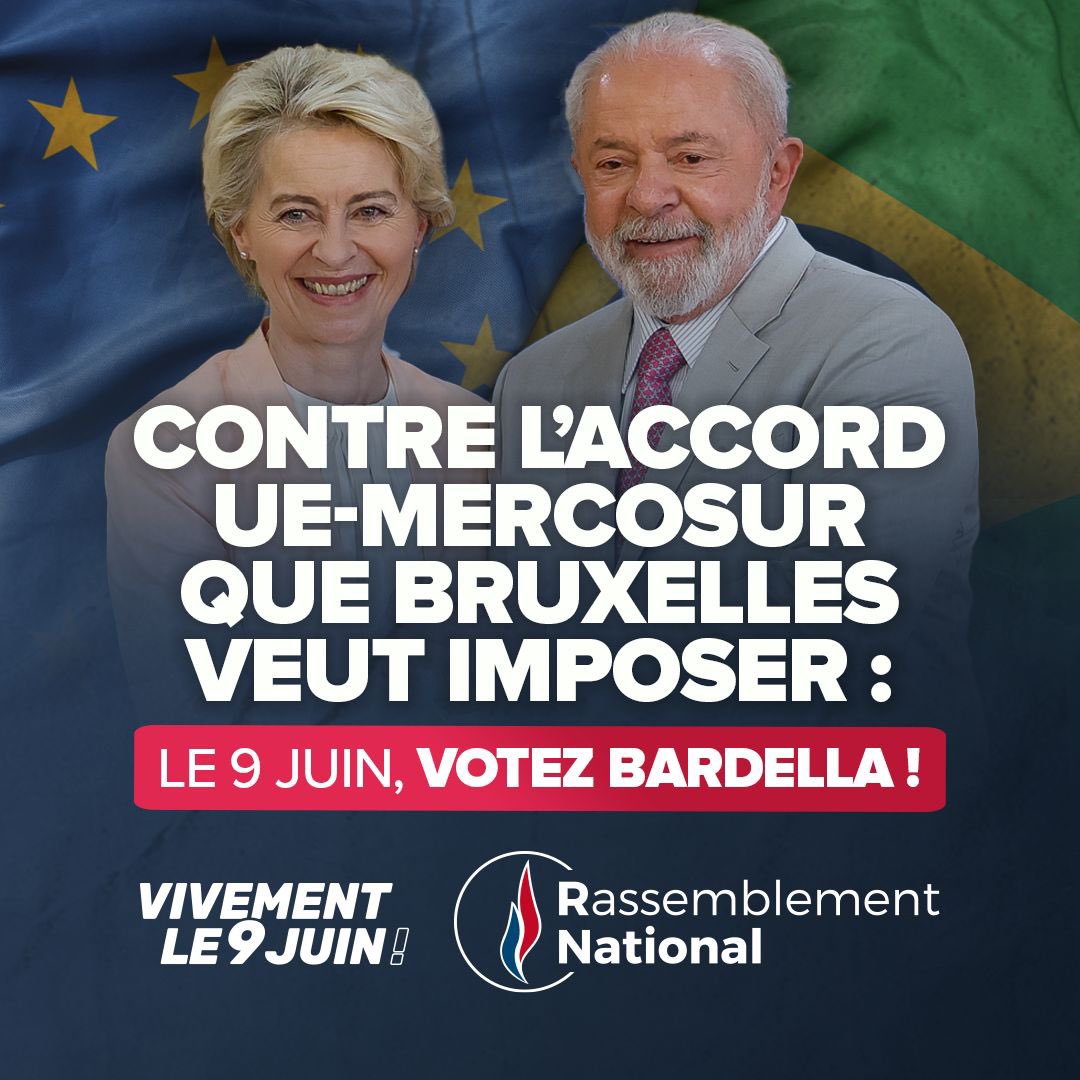 🔵 En repoussant l'accord de libre-échange avec le Mercosur, Bruxelles essaie d'endormir les Français !

Personne n'est dupe, avec eux et la macronie ce sera toujours plus de libre-échange et de concurrence déloyale.

Le 9 juin, mettons-leur un coup d'arrêt !

#VivementLe9Juin