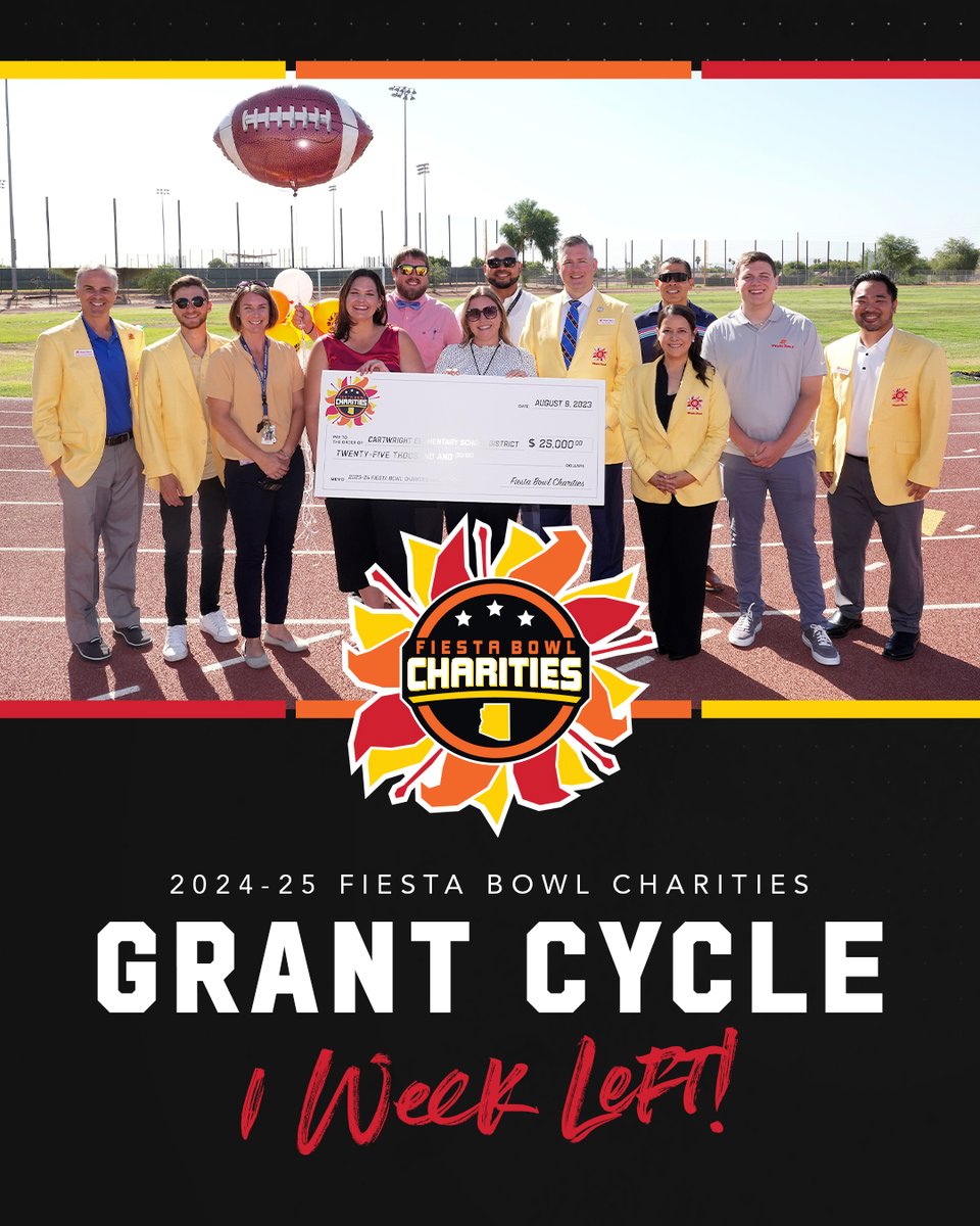 Only one week remains in our #FiestaBowl Charities Grant Cycle application period! We encourage 𝐀𝐫𝐢𝐳𝐨𝐧𝐚 𝐧𝐨𝐧𝐩𝐫𝐨𝐟𝐢𝐭𝐬 across the state to apply before next Friday's deadline on May 17! 🔗 shorturl.at/xyS47