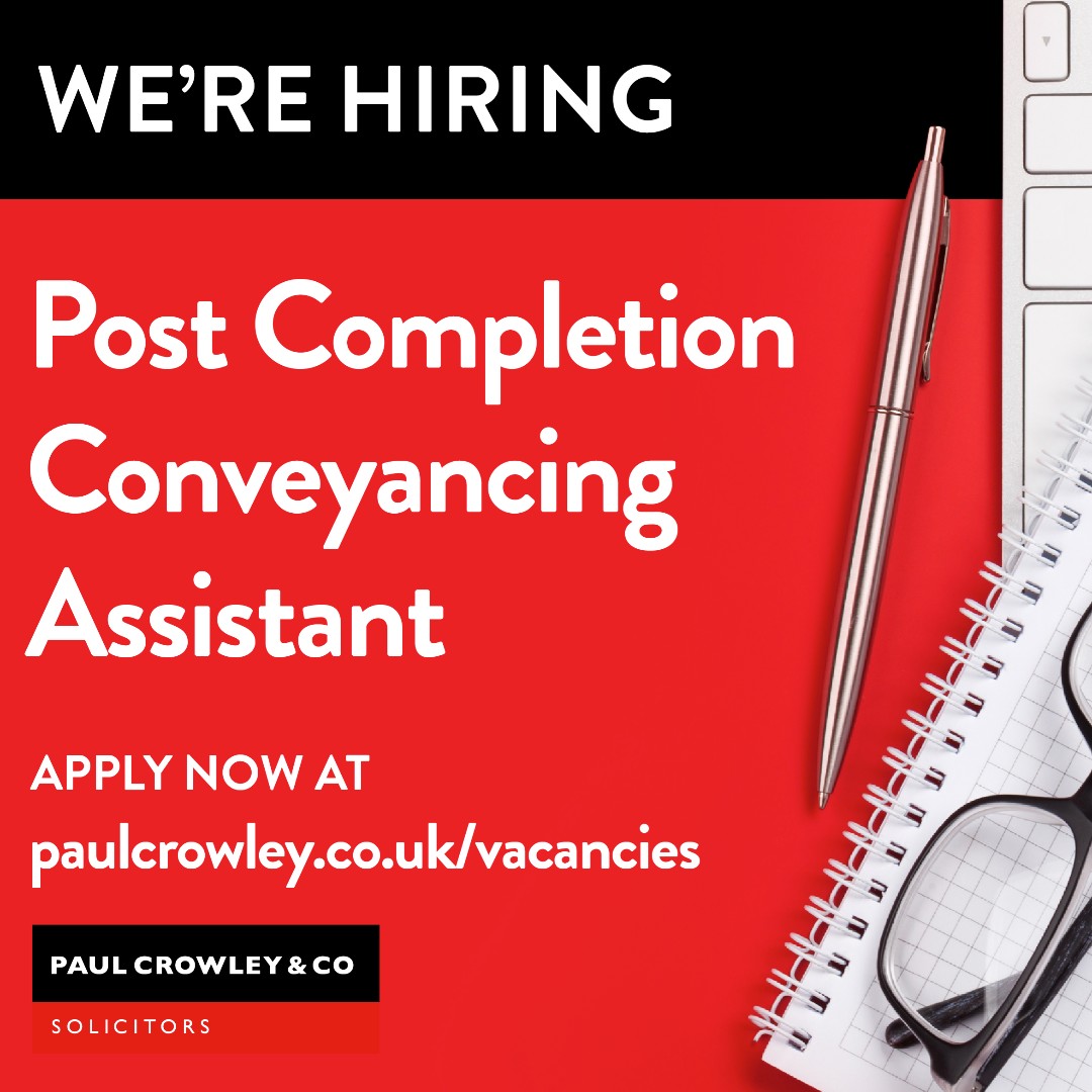 🏆  Paul Crowley & Co's award winning Conveyancing team are recruiting, to apply please visit our website paulcrowley.co.uk/vacancies

#paulcrowleyandco #conveyancing #conveyancers #propertylaw #property #sale #purchase #paulcrowleysolicitors #sale #purchase #remortgage