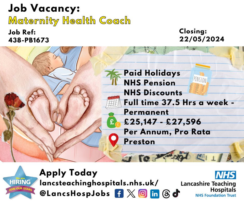 Job Vacancy: #Maternity Health Coach @LancsHospitals 

⏰Closes: 22/05/24

Read more and apply: lancsteachinghospitals.nhs.uk/join-our-workf…

#NHS #NHSjobs #Smokefree #WomensHealth #Nutrition #StopSmoking #HealthCoach #Preston #Lancashire #band4 #PublicHealth