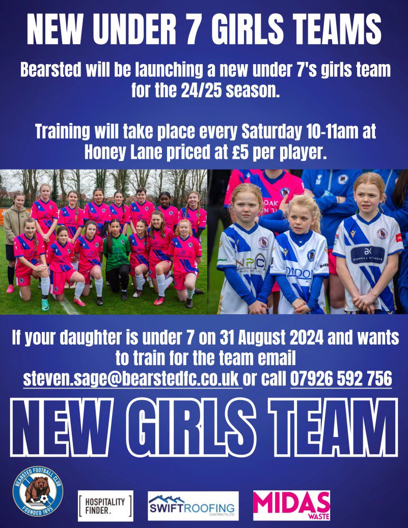 New girls team starting soon. If you daughter is aged under 7 on 31 August and wants to play for a team please get in touch below #bearstedfc #bears #football #kent #girlsteam #newteam