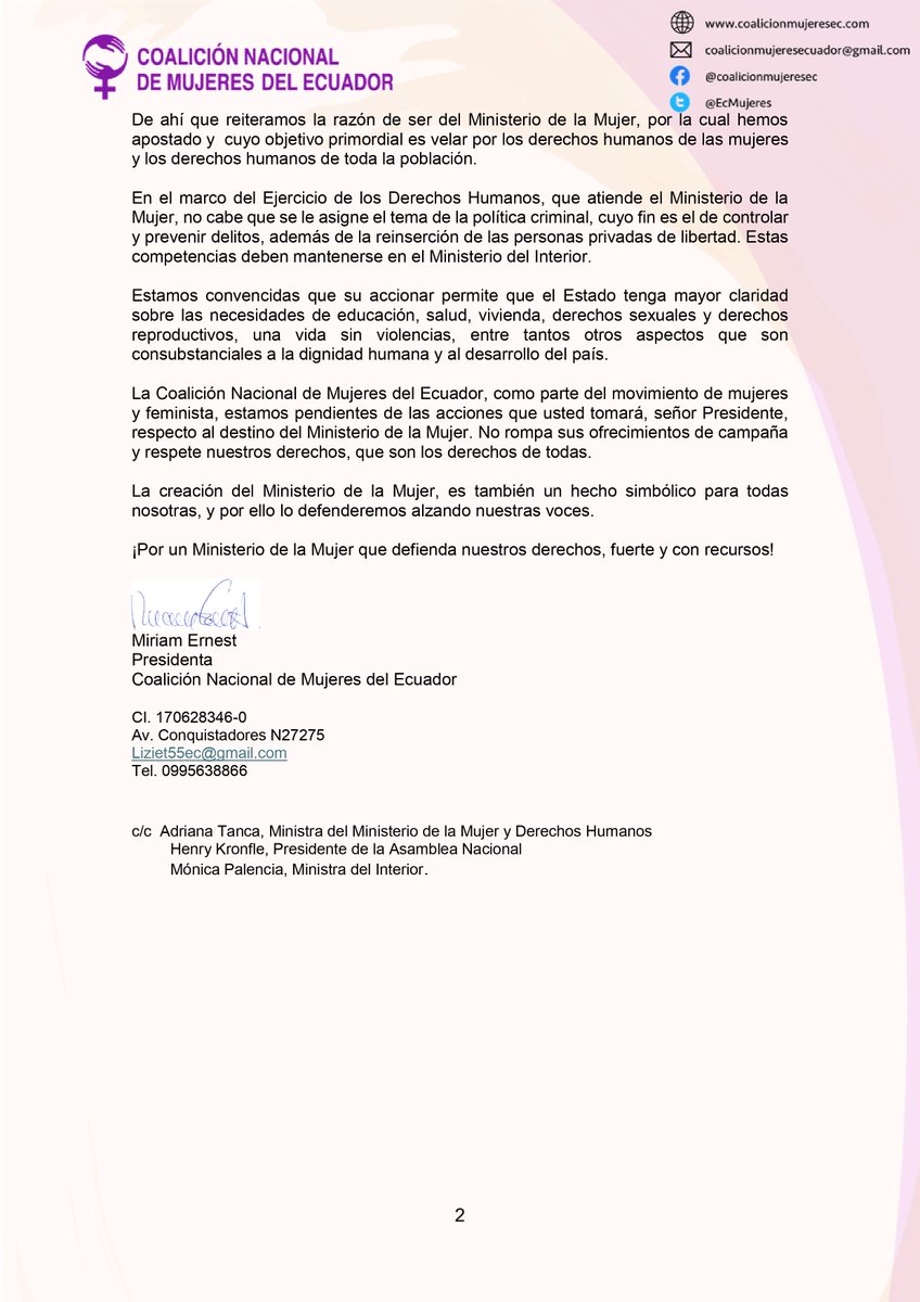 EcMujeres's tweet photo. 📢 ALERTA FEMINISTA Ante una posible reestructuración del Ministerio de la Mujer y Derechos Humanos, a fin de que asuma, la política criminal del país, además de las funciones para las que fue creado, hemos dirigido una carta al presidente @DanielNoboaOk.
La Secretaría de Derechos Humanos, hoy Ministerio de la Mujer y Derechos Humanos, como el CONAMU, han sido producto de la lucha del movimiento de mujeres del Ecuador que responde a la necesidad de generar políticas públicas integrales para que el estado reconozca y garantice a los 9 millones de mujeres ecuatorianas sus derechos sociales, económicos, políticos y culturales, principalmente el derecho a una vida libre y violencias y con bienestar.

Estaremos vigilantes de las acciones y decisiones que se tomen al respecto.
Señor presidente, No rompa sus ofrecimientos de campaña y respete nuestros derechos, que son los derechos de todos.

¡Por un Ministerio de la Mujer que defienda nuestros derechos con fuerza y con recursos!

@DDHH_Ec
@Presidencia_Ec @ComunicacionEc @HenryKronfle