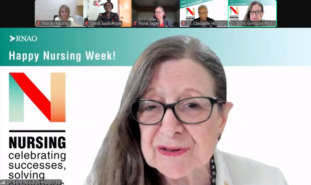 RNAO CEO @DorisGrinspun shares opening remarks. 'We need nurses in politics to help us move the needs that both the [nursing] profession and the health system have,' she says as she introduces our panelists for today's webinar. #onpoli #nursepoli