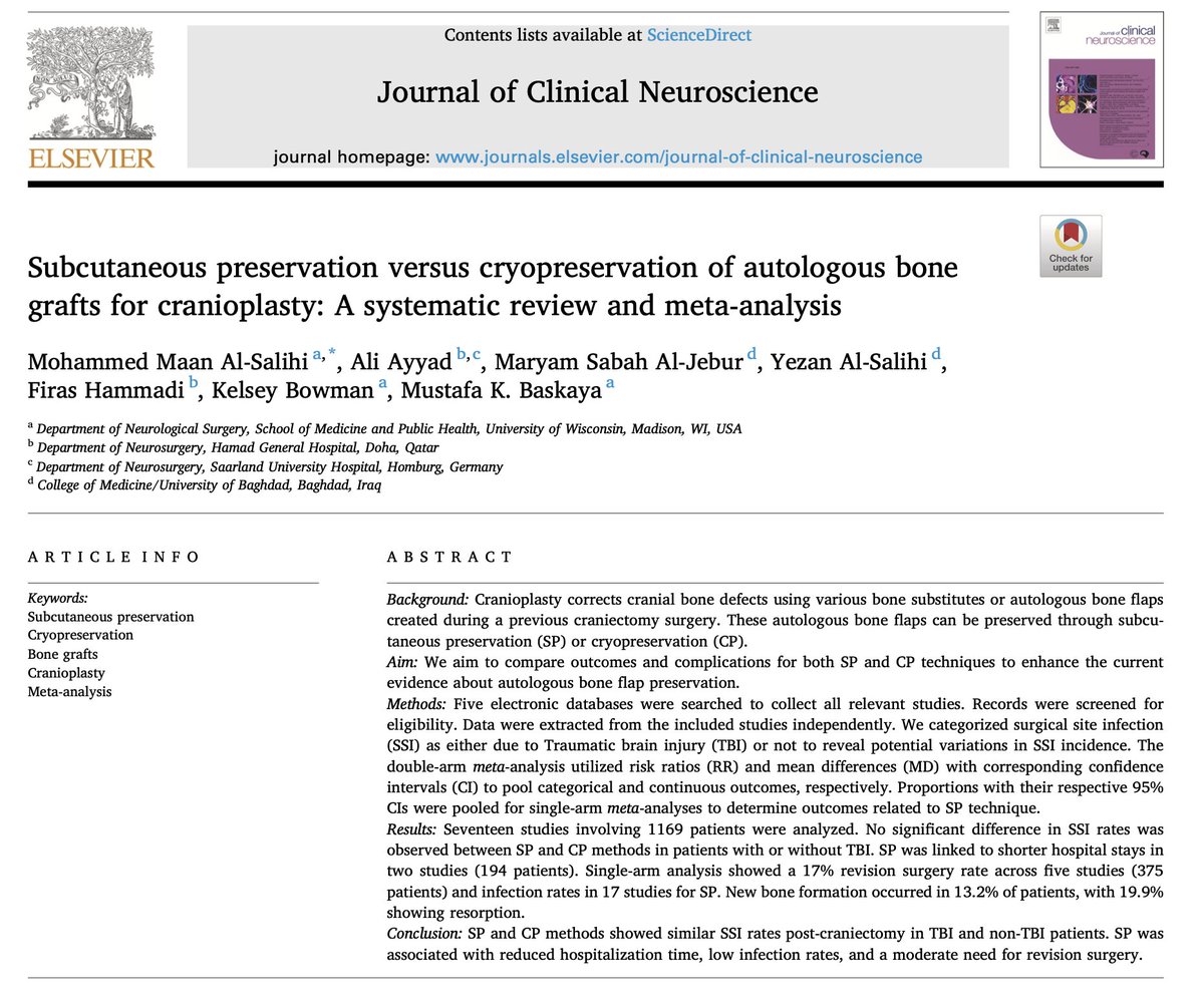 🧠 Check out our latest systematic review and meta-analysis on the preservation methods of autologous bone grafts for cranioplasty. 📊 sciencedirect.com/science/articl… #cranioplasty #metaanalysis #Cerebrovascular #SkullBase #Microvascular #Neurosurgeon #Neurovascular #MedicalTraining
