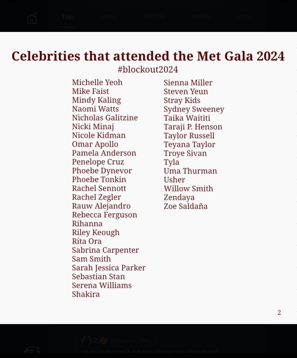 We are blocking celebrities today. Here’s names & a 🧵 w/ their handles for quick & easy blocking. Feel free to add other celebrities who suck or don’t use their platform to advocate for a #FreePalestine below. Share
#blockout2024
#MetGala2024
#MetGalaBlocklist
#BlockCelebrities