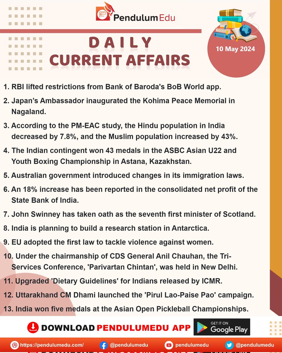 🌹Current Affairs🌹 Here 👇👇 is the important Current Affairs of 10th May, 2024. #UPSC #TSPSC #APPSC #KPSC #RPSC #GPSC #NPSC #TNPSC #CurrentAffairs #May #GS (Data courtesy: #PendulumEdu)