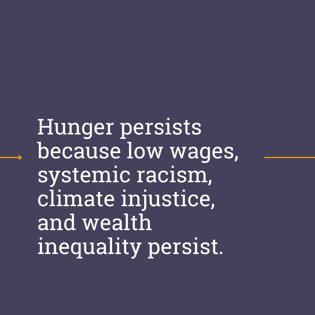 Economic injustice fuels hunger. In the US, 40% live on a paycheck from poverty. Low wages, no benefits, and systemic racism blocks food access leading to 44 million people, mainly BIPOC communities to choose either food or survival necessities. Read more: whyhunger.org/just-the-facts/