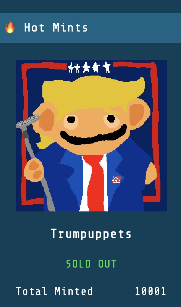 trumpuppets47's tweet photo. BJ, GM, YF

AS YOU CAN SEE TRUMPUPPETS ARE DISTRIBUTED

THE 1/1 TRUMPUPPET #10001 IS IN TEH VAULT TO BE AUCTIONED IN TEH FUTURE FOR TO #FREEROSS ULBRICHT WEN THE TIME IS RIGHT ( HIGHER FLOOR FIRST)

WE RISE #MAGA #BITCOIN 🌭 https://t.co/F4rZGTDROK