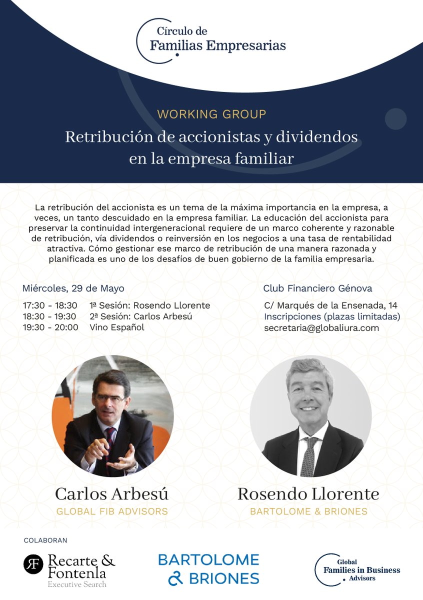 Retribución del accionista y dividendos en la empresa familiar. 

Miércoles 29 de mayo. @ClubFinanciero 👇

#empresafamiliar #circulofamiliasempresarias