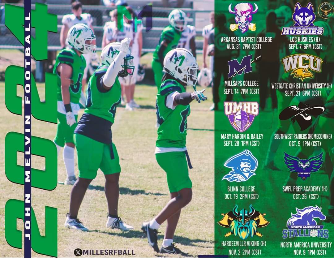 Happy Friday Countdown to Kickoff 🏈
 <a href="/JohnMelvinU/">John_Melvin_University</a>  Millers 💚💙💚💙
Here's a look at our 2024 Schedule @