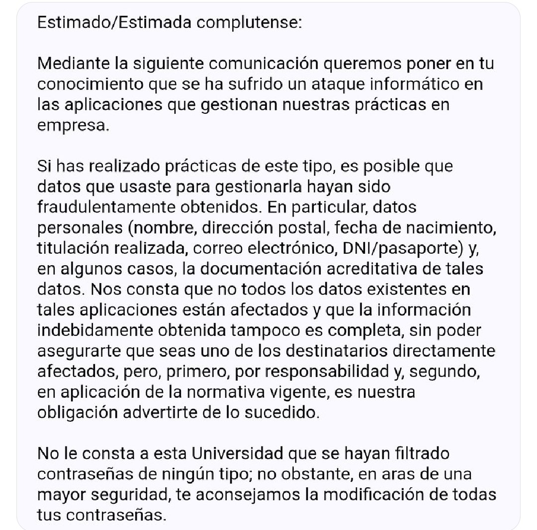 ⚠️ Incident d'exfiltracio de dades personals a la Complutense de Madrid. #NotificarAfectats #NotificacióAEPD #LOPDGDD #DelegatProteccióDades #ImportanciaCompliment #EsquemaNacionalSeguretat Via:@elEconomistaes @DaniDominguezRo @elhackernet aepd.es/guias/guia-bre…